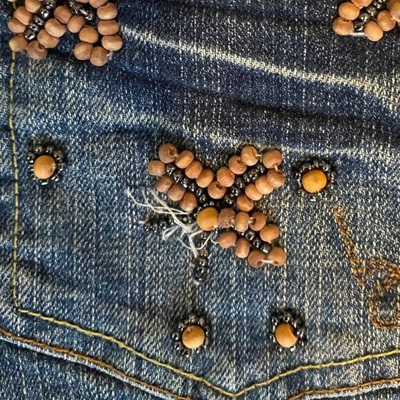 Leo Roma Bootcut Beaded Accents Boho Distressed Women Jeans Size 7 - Picture 9 of 13
